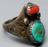 Pre-War STERLING Old-Pawn Ring -TURQUOISE & CORAL