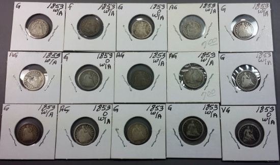 15x 1853 (w/ Arrows) Seated Liberty Silver HALF DIMES