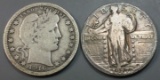 2x Silver Quarters, Barber & Standing Liberty