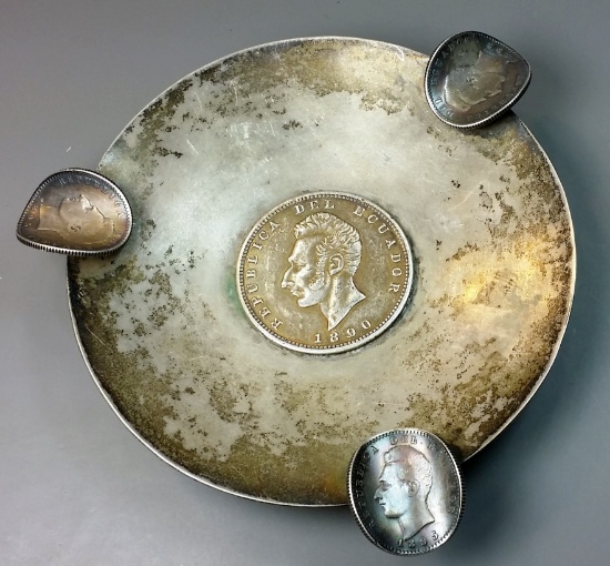 LARGE Antique Sterling Silver 4x-COIN Ashtray (c)