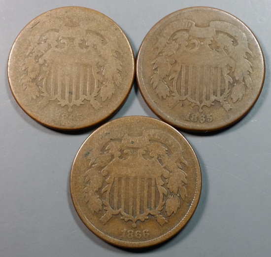 3x 1800's 2c Copper Coins