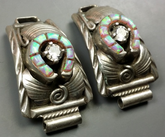 Pair of OLD PAWN Sterling Silver & Opal Watch Cuffs