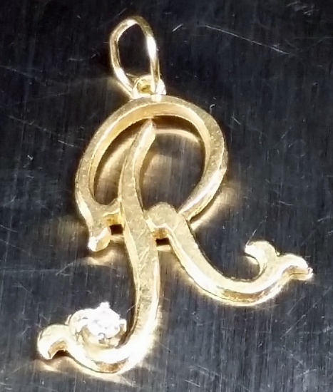 Antique 14k Gold & Diamond "R" Pendant / Charm
