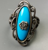 Gorgeous Vintage .925 Silver Turquoise Rose Ring w/ Highly Polished Cabochon -sz 6