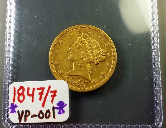 1847/47 "RPD" $5 GOLD Lib