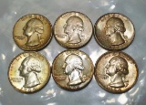 6x SILVER Washington Quarters -TONED