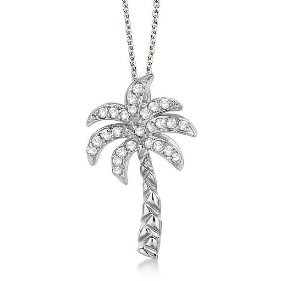 Palm Tree Shaped Diamond Pendant Necklace 14k White Gold (0.25ct)