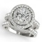 14KT White Gold 3 ct Halo Engagement & Wedding Ring Set with G-H color and I1-/I2+ clarity diamonds.