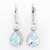 SWISS BLUE TOPAZ & 1/3 CARAT WHITE TOPAZ 925 STERLING SILVER EARRINGS