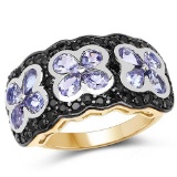 14K Yellow Gold Plated 2.60 Carat Genuine Tanzanite and Black Spinel .925 Sterling Silver Ring