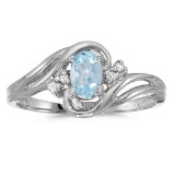 Certified 10k White Gold Oval Aquamarine And Diamond Ring 0.6 CTW