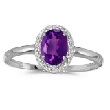 Certified 10k White Gold Oval Amethyst And Diamond Ring 0.47 CTW