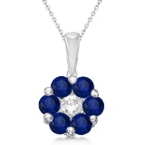 Flower Diamond and Blue Sapphire Pendant Necklace 14k White Gold (1.40ct)