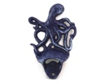 Rustic Dark Blue Cast Iron Wall Mounted Octopus Bottle Opener 6in.