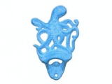 Light Blue Whitewashed Cast Iron Wall Mounted Octopus Bottle Opener 6in.