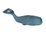 Rustic Dark Blue Whitewashed Cast Iron Whale Bottle Opener 7in.