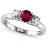 Ruby and Diamond Three Stone Engagement Ring in 14k White Gold (1.10ct)