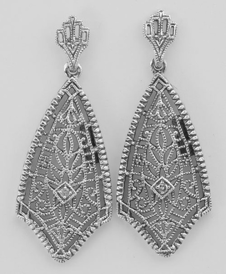 Beautiful Art Deco Diamond Filigree Drop Earrings - Sterling Silver