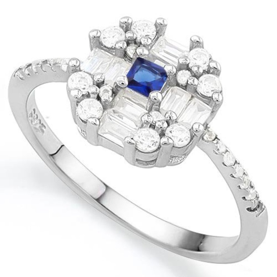 CREATED BLUE SAPPHIRE 925 STERLING SILVER HALO RING