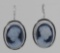 Oval Black Agate Dangle Cameo Earrings made in Italy - Sterling Silver