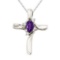 Amethyst and Diamond Cross Necklace Pendant 14k White Gold