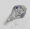 Art Deco Ring w/ 3 Diamonds Genuine Blue Sapphire - Sterling Silver