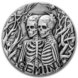 1 oz Silver Antique Round - Zodiac Skull Series (Gemini)