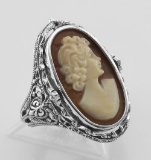 Antique Style Cameo / Onyx Filigree Flip Ring w / Diamond - Sterling Silver