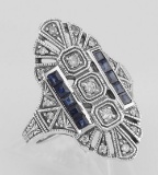 Art Deco Style CZ / Genuine Blue Sapphire Ring - Sterling Silver