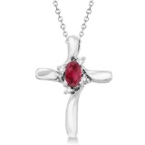 Ruby and Diamond Cross Necklace Pendant 14k White Gold