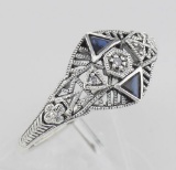 Art Deco Ring w/ 3 Diamonds Genuine Blue Sapphire - Sterling Silver