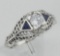 Art Deco Style Cubic Zirconia Filigree Ring w/ Sapphire - Sterling Silver