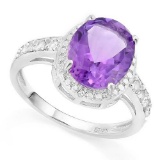 3 CARAT AMETHYST & 1/4 CARAT (8 PCS) CREATED WHITE SAPPHIRE 925 STERLING SILVER RING