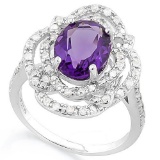 3 1/2 CARAT CREATED AMETHYST & 4 CARAT (40 PCS) FLAWLESS CREATED DIAMOND 925 STERLING SILVER RING