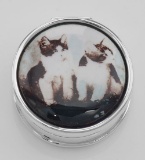 Two Cats / Kittens Pillbox with Porcelain Top - Sterling Silver