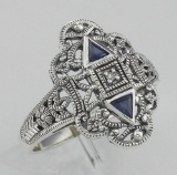 Art Deco Style Sapphire Filigree Ring w/ Diamond - Sterling Silver