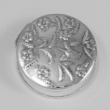 Vintage Style Sterling Silver Round Silver Pillbox Floral Design