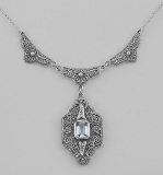 Unique Victorian Style Blue Topaz Filigree Necklace - Sterling Silver