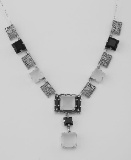 Art Deco Style Onyx and Quartz Crystal Necklace - Sterling Silver