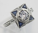 Art Deco Style CZ Filigree Ring w/ Genuine Blue Sapphires - Sterling Silver