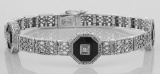 Art Deco Style Black Onyx and Diamond Filigree Link Bracelet Sterling