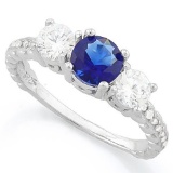 CREATED BLUE SAPPHIRE 925 STERLING SILVER HALO RING