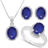 6.529 CARAT TW DYED GENUINE SAPPHIRE & GENUINE DIAMOND PLATINUM OVER 0.925 STERLING SILVER SET