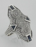 Art Deco Style Blue Sapphire Filigree Ring w/ 3 Diamonds - Sterling Silver