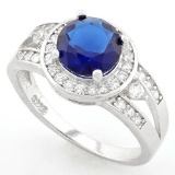 2 CARAT CREATED BLUE SAPPHIRE & 1/3 CARAT (34 PCS) FLAWLESS CREATED DIAMOND 925 STERLING SILVER HALO