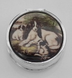 Classic Porcelain Top Pillbox with 3 Dogs - Sterling Silver