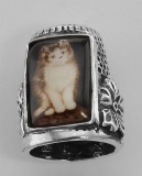 Cute Porcelain Cat / Kitty / Kitten Sewing Thimble - Sterling Silver