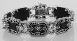 Victorian Style Black Onyx & Diamond Filigree Bracelet - Sterling Silver