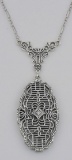 Victorian Style Cubic Zirconia Filigree Necklace with Chain - Sterling Silver