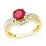 10kt Yellow Gold Womens Round Lab-Created Ruby Solitaire Fashion Ring 2 & 1/12 Cttw